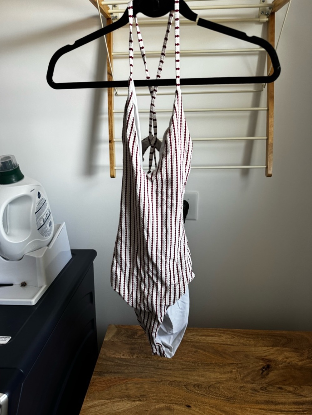 Striped One-Piece Swimsuit in White and Burgundy